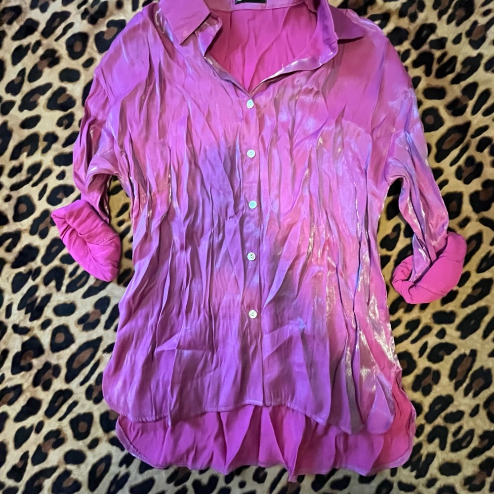 SHEIN Y2K Iridescent Pink High Lo Blouse S NWOT